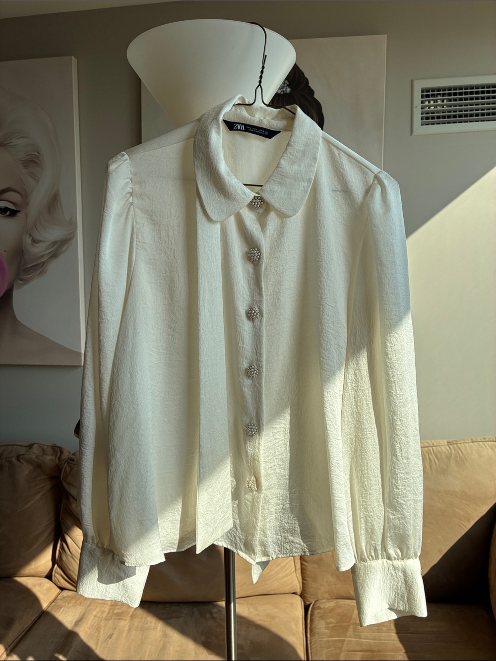 Zara Ivory Pearl-Button Long Sleeve Blouse